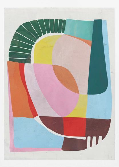 A modern abstract artwork in a black frame, featuring a colorful collage of geometric and curved shapes. Prominent elements include a dark green segmented arch, a yellow semi-circle, and large overlapping forms in shades of pink, blue, orange, and brown against a white background. Poster