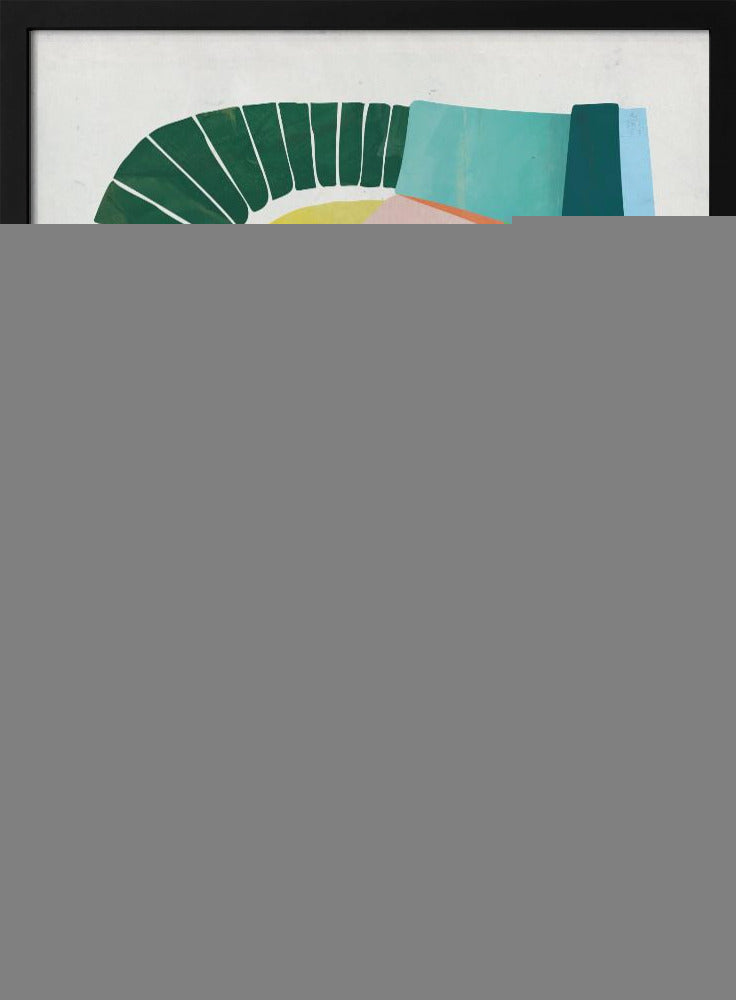 A modern abstract artwork in a black frame, featuring a colorful collage of geometric and curved shapes. Prominent elements include a dark green segmented arch, a yellow semi-circle, and large overlapping forms in shades of pink, blue, orange, and brown against a white background. Poster