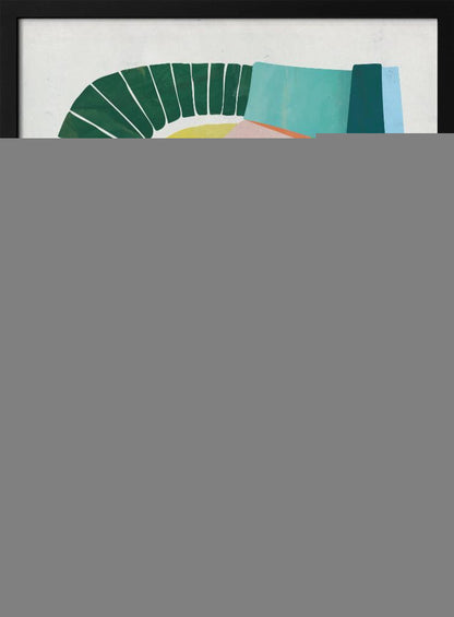 A modern abstract artwork in a black frame, featuring a colorful collage of geometric and curved shapes. Prominent elements include a dark green segmented arch, a yellow semi-circle, and large overlapping forms in shades of pink, blue, orange, and brown against a white background. Poster