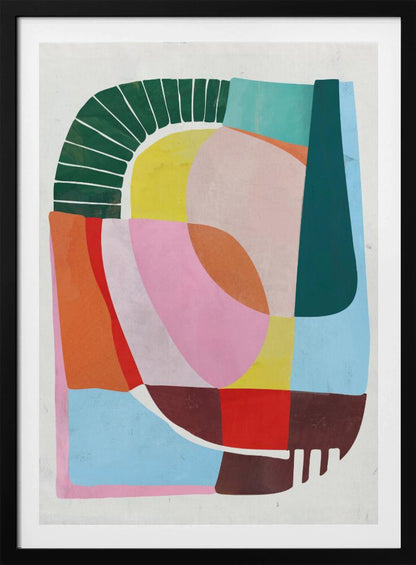 A modern abstract artwork in a black frame, featuring a colorful collage of geometric and curved shapes. Prominent elements include a dark green segmented arch, a yellow semi-circle, and large overlapping forms in shades of pink, blue, orange, and brown against a white background. Poster