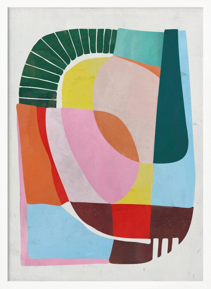 A modern abstract artwork in a black frame, featuring a colorful collage of geometric and curved shapes. Prominent elements include a dark green segmented arch, a yellow semi-circle, and large overlapping forms in shades of pink, blue, orange, and brown against a white background. Poster