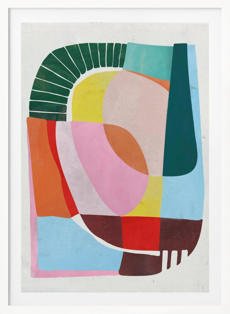 A modern abstract artwork in a black frame, featuring a colorful collage of geometric and curved shapes. Prominent elements include a dark green segmented arch, a yellow semi-circle, and large overlapping forms in shades of pink, blue, orange, and brown against a white background. Poster