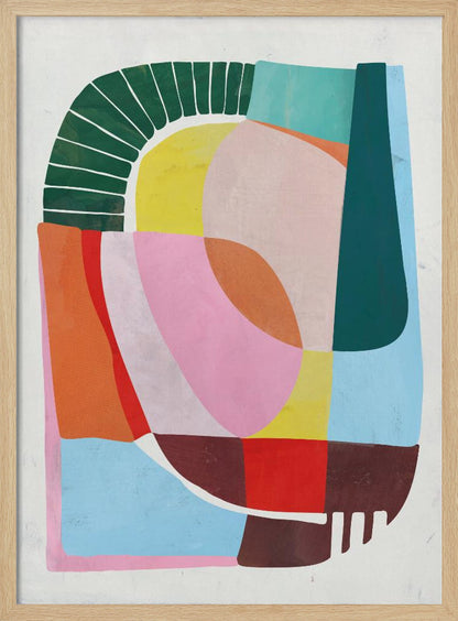 A modern abstract artwork in a black frame, featuring a colorful collage of geometric and curved shapes. Prominent elements include a dark green segmented arch, a yellow semi-circle, and large overlapping forms in shades of pink, blue, orange, and brown against a white background. Poster