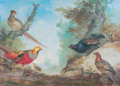 A vintage-style painting of various game birds in a natural, wooded landscape, enclosed in a silver frame. A vibrant golden pheasant and its chicks are on the left, while a black grouse perches on a rock and another stands on the ground to the right. A female pheasant sits on a tree branch above. Poster