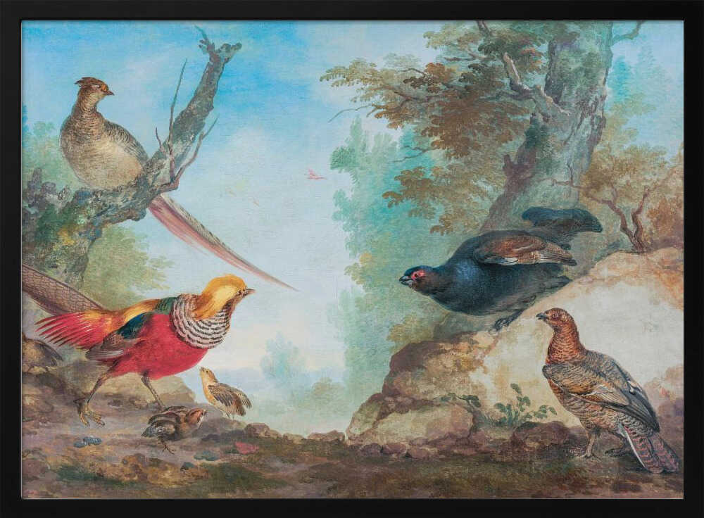 A vintage-style painting of various game birds in a natural, wooded landscape, enclosed in a silver frame. A vibrant golden pheasant and its chicks are on the left, while a black grouse perches on a rock and another stands on the ground to the right. A female pheasant sits on a tree branch above. Poster