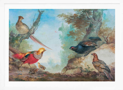A vintage-style painting of various game birds in a natural, wooded landscape, enclosed in a silver frame. A vibrant golden pheasant and its chicks are on the left, while a black grouse perches on a rock and another stands on the ground to the right. A female pheasant sits on a tree branch above. Poster