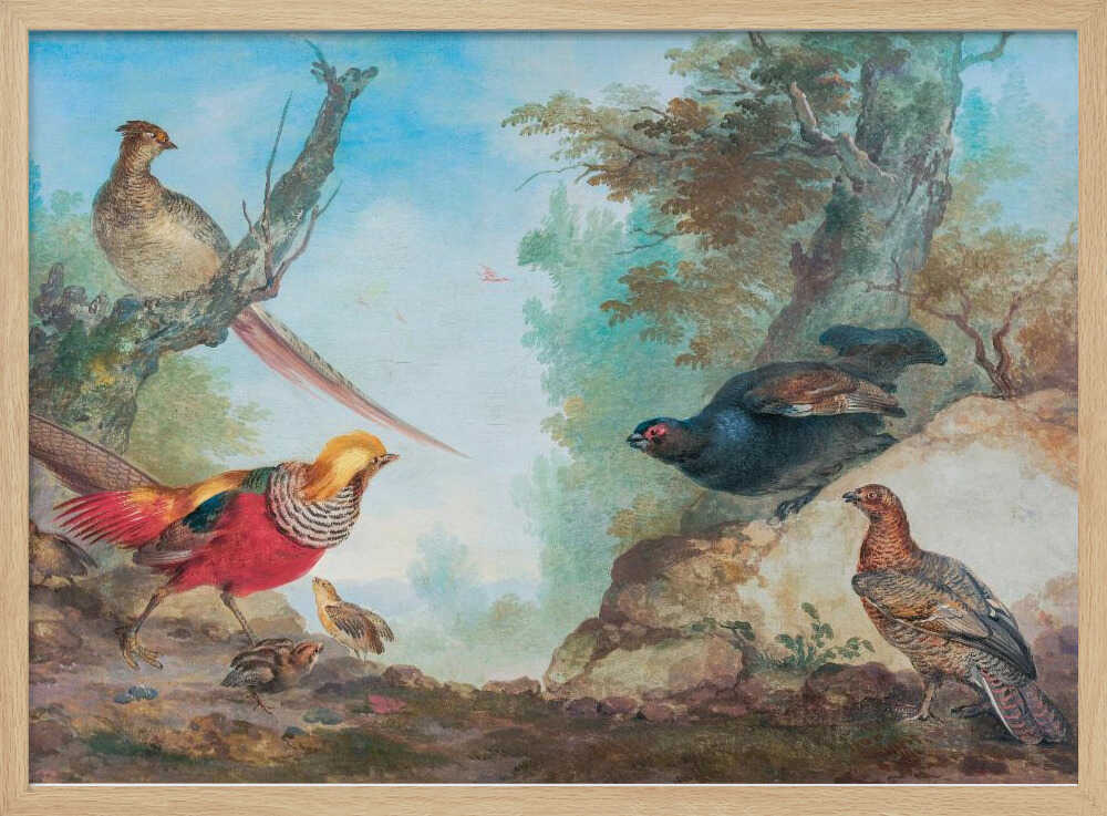 A vintage-style painting of various game birds in a natural, wooded landscape, enclosed in a silver frame. A vibrant golden pheasant and its chicks are on the left, while a black grouse perches on a rock and another stands on the ground to the right. A female pheasant sits on a tree branch above. Poster