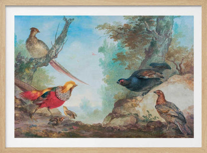 A vintage-style painting of various game birds in a natural, wooded landscape, enclosed in a silver frame. A vibrant golden pheasant and its chicks are on the left, while a black grouse perches on a rock and another stands on the ground to the right. A female pheasant sits on a tree branch above. Poster