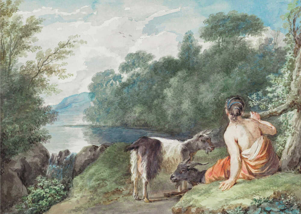 A painting or illustration depicting a shepherdess with her goats in a natural landscape, featuring a calm lake. Wall Art