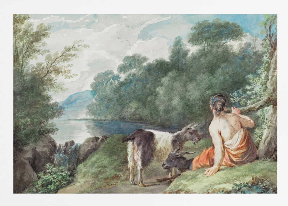 A painting or illustration depicting a shepherdess with her goats in a natural landscape, featuring a calm lake. Wall Art