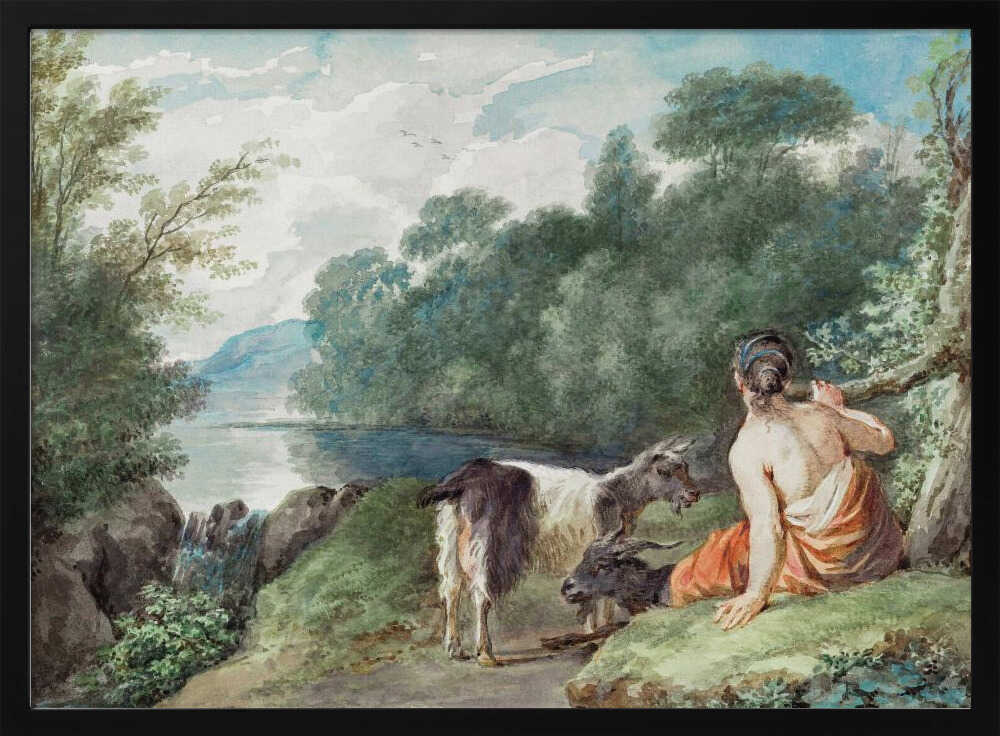 A painting or illustration depicting a shepherdess with her goats in a natural landscape, featuring a calm lake. Wall Art