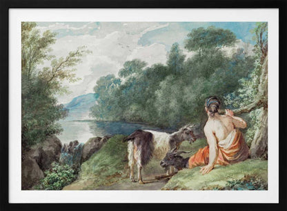 A painting or illustration depicting a shepherdess with her goats in a natural landscape, featuring a calm lake. Wall Art