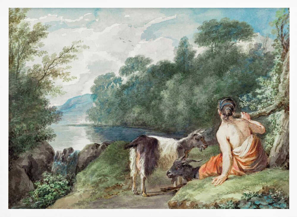 A painting or illustration depicting a shepherdess with her goats in a natural landscape, featuring a calm lake. Wall Art