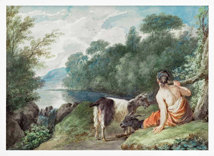 A painting or illustration depicting a shepherdess with her goats in a natural landscape, featuring a calm lake. Wall Art