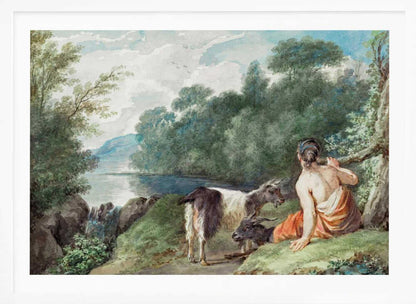 A painting or illustration depicting a shepherdess with her goats in a natural landscape, featuring a calm lake. Wall Art