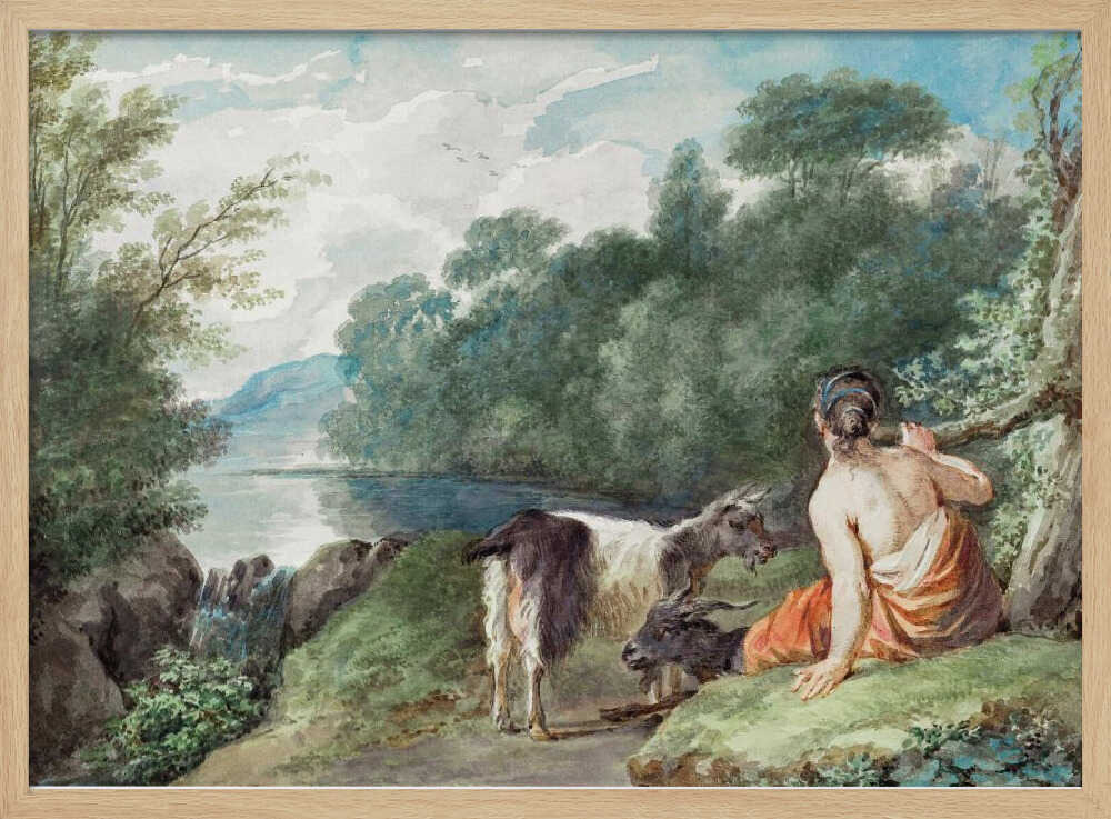 A painting or illustration depicting a shepherdess with her goats in a natural landscape, featuring a calm lake. Wall Art