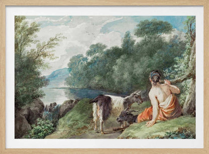 A painting or illustration depicting a shepherdess with her goats in a natural landscape, featuring a calm lake. Wall Art
