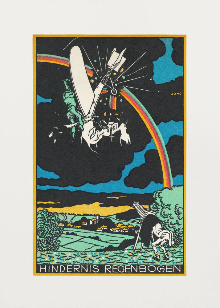 A vintage German Expressionist style print by Jung titled 'Hindernis Regenbogen'. The image features a surreal scene with a crashing white flying machine against a black sky, bisected by a vibrant rainbow. Below is a pastoral landscape with green fields and a village, where another figure is stumbling. Artwork