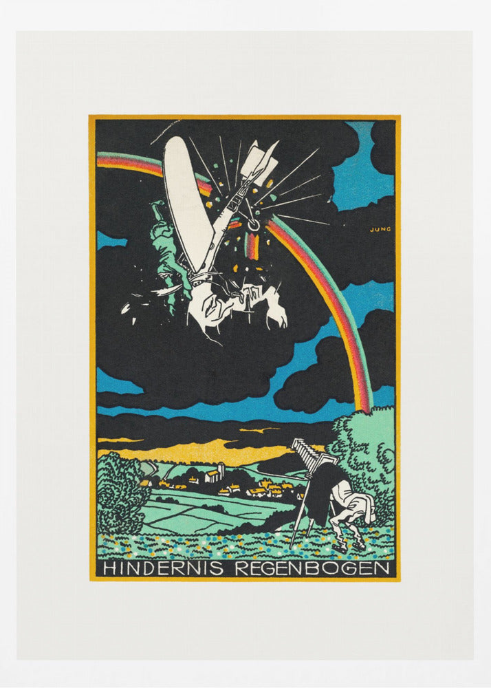 A vintage German Expressionist style print by Jung titled 'Hindernis Regenbogen'. The image features a surreal scene with a crashing white flying machine against a black sky, bisected by a vibrant rainbow. Below is a pastoral landscape with green fields and a village, where another figure is stumbling. Artwork