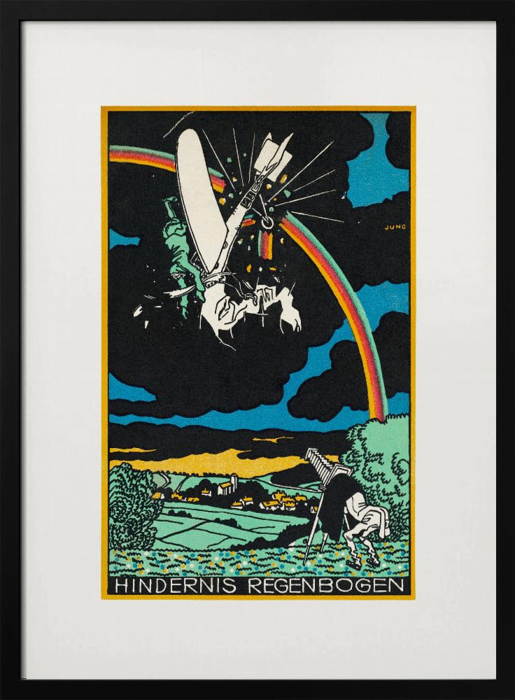 A vintage German Expressionist style print by Jung titled 'Hindernis Regenbogen'. The image features a surreal scene with a crashing white flying machine against a black sky, bisected by a vibrant rainbow. Below is a pastoral landscape with green fields and a village, where another figure is stumbling. Artwork