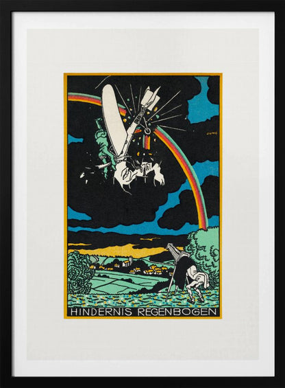 A vintage German Expressionist style print by Jung titled 'Hindernis Regenbogen'. The image features a surreal scene with a crashing white flying machine against a black sky, bisected by a vibrant rainbow. Below is a pastoral landscape with green fields and a village, where another figure is stumbling. Artwork