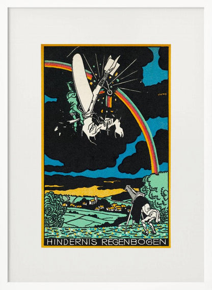 A vintage German Expressionist style print by Jung titled 'Hindernis Regenbogen'. The image features a surreal scene with a crashing white flying machine against a black sky, bisected by a vibrant rainbow. Below is a pastoral landscape with green fields and a village, where another figure is stumbling. Artwork