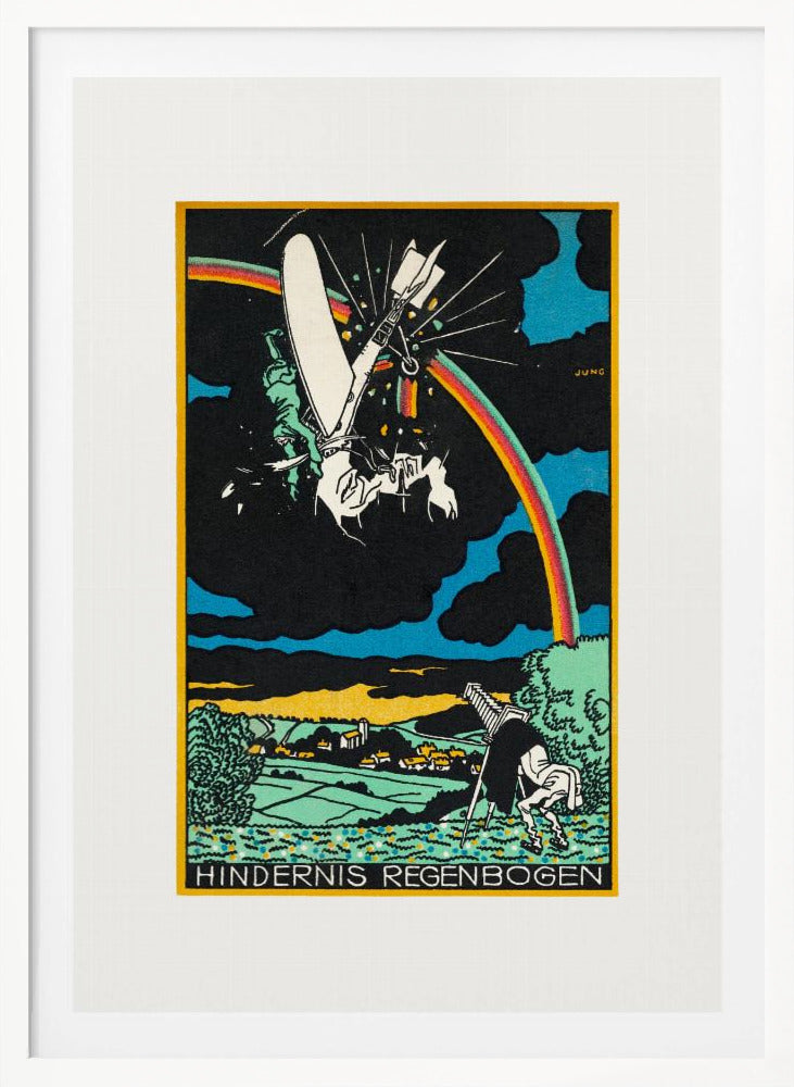 A vintage German Expressionist style print by Jung titled 'Hindernis Regenbogen'. The image features a surreal scene with a crashing white flying machine against a black sky, bisected by a vibrant rainbow. Below is a pastoral landscape with green fields and a village, where another figure is stumbling. Artwork