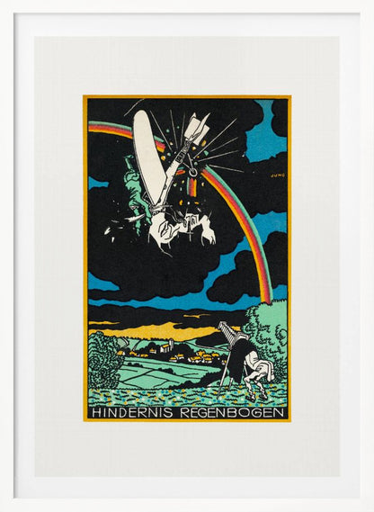 A vintage German Expressionist style print by Jung titled 'Hindernis Regenbogen'. The image features a surreal scene with a crashing white flying machine against a black sky, bisected by a vibrant rainbow. Below is a pastoral landscape with green fields and a village, where another figure is stumbling. Artwork