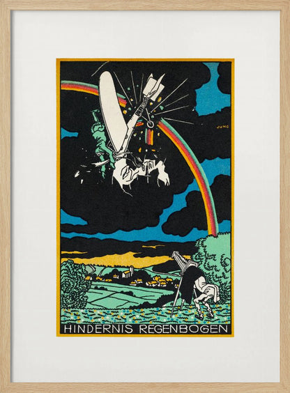 A vintage German Expressionist style print by Jung titled 'Hindernis Regenbogen'. The image features a surreal scene with a crashing white flying machine against a black sky, bisected by a vibrant rainbow. Below is a pastoral landscape with green fields and a village, where another figure is stumbling. Artwork