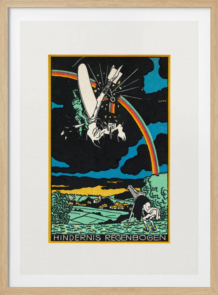 A vintage German Expressionist style print by Jung titled 'Hindernis Regenbogen'. The image features a surreal scene with a crashing white flying machine against a black sky, bisected by a vibrant rainbow. Below is a pastoral landscape with green fields and a village, where another figure is stumbling. Artwork