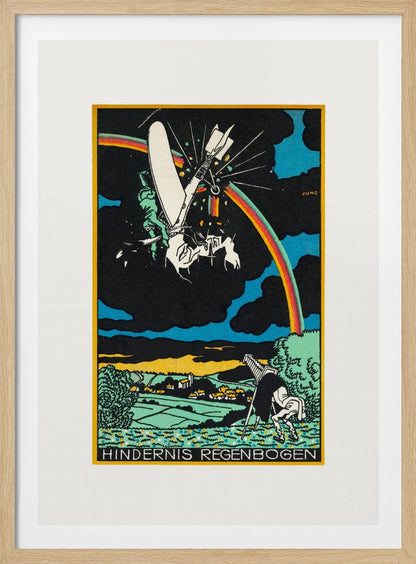 A vintage German Expressionist style print by Jung titled 'Hindernis Regenbogen'. The image features a surreal scene with a crashing white flying machine against a black sky, bisected by a vibrant rainbow. Below is a pastoral landscape with green fields and a village, where another figure is stumbling. Artwork