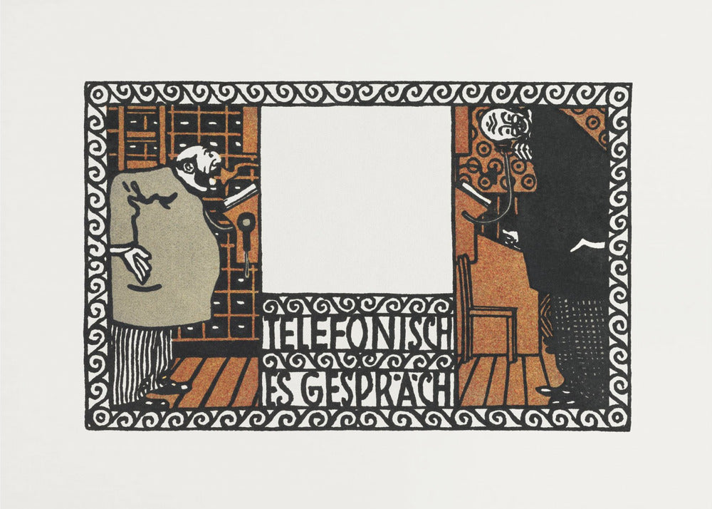 A vintage German art print titled 'Telefonisches Gespräch' (Telephone Conversation). The graphic illustration shows two stylized men on opposite sides of a central panel, talking on old-fashioned telephones. The artwork features a limited color palette of black, orange, and beige, with an ornate, repeating pattern border. Print