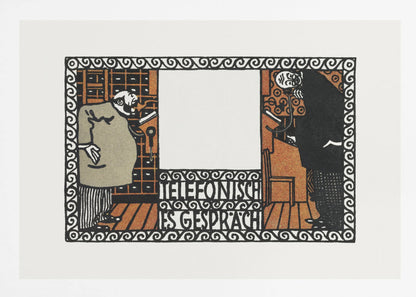 A vintage German art print titled 'Telefonisches Gespräch' (Telephone Conversation). The graphic illustration shows two stylized men on opposite sides of a central panel, talking on old-fashioned telephones. The artwork features a limited color palette of black, orange, and beige, with an ornate, repeating pattern border. Print