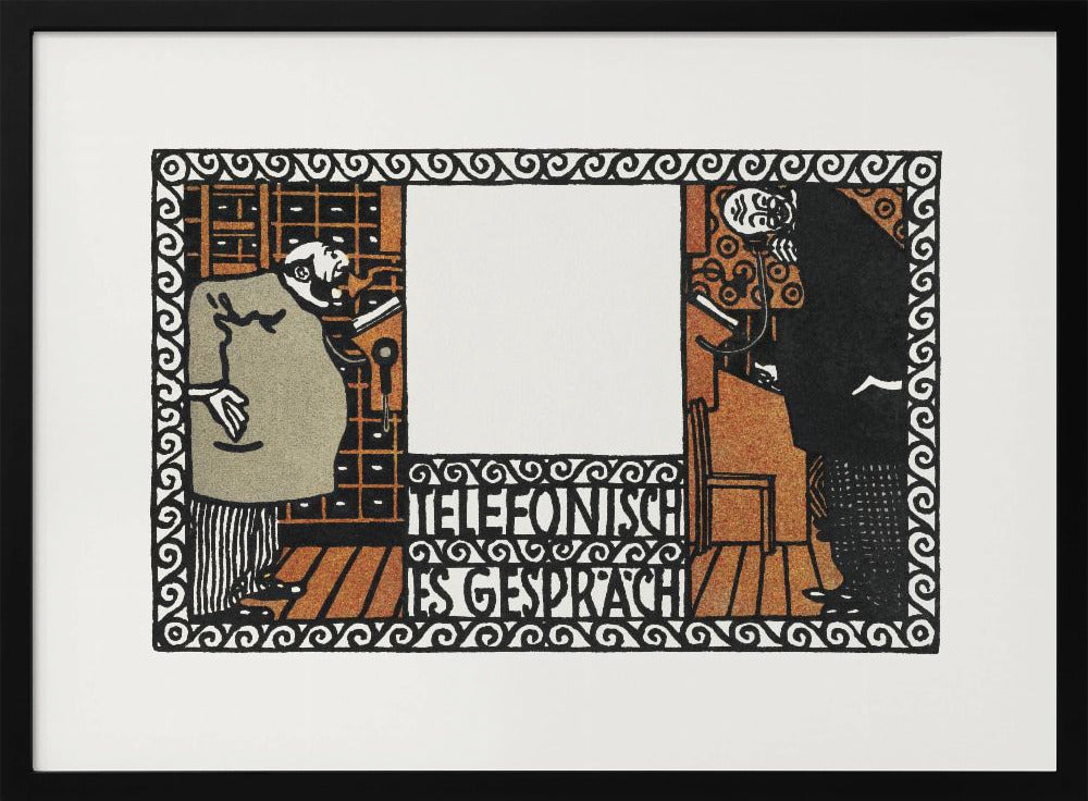 A vintage German art print titled 'Telefonisches Gespräch' (Telephone Conversation). The graphic illustration shows two stylized men on opposite sides of a central panel, talking on old-fashioned telephones. The artwork features a limited color palette of black, orange, and beige, with an ornate, repeating pattern border. Print