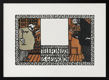 A vintage German art print titled 'Telefonisches Gespräch' (Telephone Conversation). The graphic illustration shows two stylized men on opposite sides of a central panel, talking on old-fashioned telephones. The artwork features a limited color palette of black, orange, and beige, with an ornate, repeating pattern border. Print