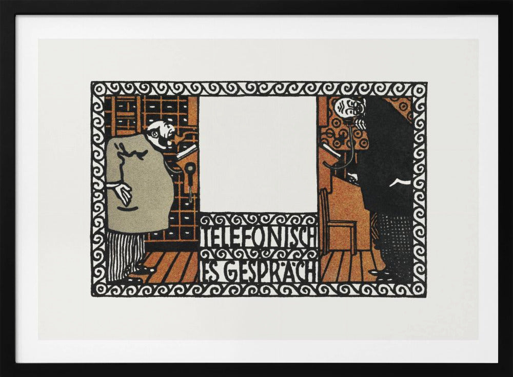 A vintage German art print titled 'Telefonisches Gespräch' (Telephone Conversation). The graphic illustration shows two stylized men on opposite sides of a central panel, talking on old-fashioned telephones. The artwork features a limited color palette of black, orange, and beige, with an ornate, repeating pattern border. Print