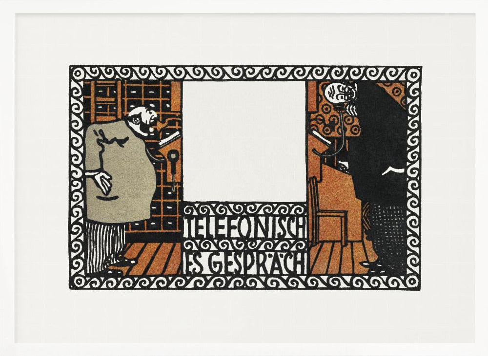 A vintage German art print titled 'Telefonisches Gespräch' (Telephone Conversation). The graphic illustration shows two stylized men on opposite sides of a central panel, talking on old-fashioned telephones. The artwork features a limited color palette of black, orange, and beige, with an ornate, repeating pattern border. Print