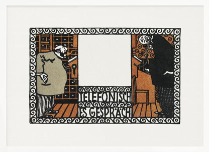 A vintage German art print titled 'Telefonisches Gespräch' (Telephone Conversation). The graphic illustration shows two stylized men on opposite sides of a central panel, talking on old-fashioned telephones. The artwork features a limited color palette of black, orange, and beige, with an ornate, repeating pattern border. Print