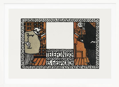 A vintage German art print titled 'Telefonisches Gespräch' (Telephone Conversation). The graphic illustration shows two stylized men on opposite sides of a central panel, talking on old-fashioned telephones. The artwork features a limited color palette of black, orange, and beige, with an ornate, repeating pattern border. Print