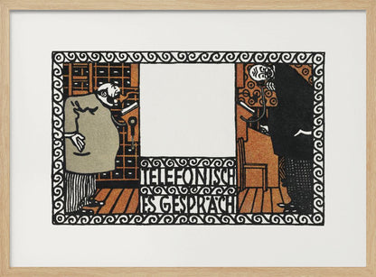 A vintage German art print titled 'Telefonisches Gespräch' (Telephone Conversation). The graphic illustration shows two stylized men on opposite sides of a central panel, talking on old-fashioned telephones. The artwork features a limited color palette of black, orange, and beige, with an ornate, repeating pattern border. Print