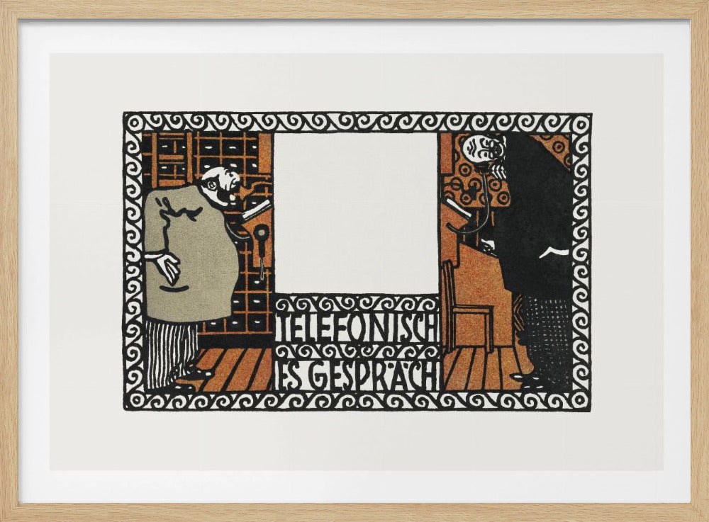 A vintage German art print titled 'Telefonisches Gespräch' (Telephone Conversation). The graphic illustration shows two stylized men on opposite sides of a central panel, talking on old-fashioned telephones. The artwork features a limited color palette of black, orange, and beige, with an ornate, repeating pattern border. Print