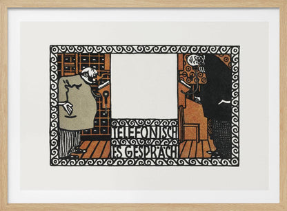 A vintage German art print titled 'Telefonisches Gespräch' (Telephone Conversation). The graphic illustration shows two stylized men on opposite sides of a central panel, talking on old-fashioned telephones. The artwork features a limited color palette of black, orange, and beige, with an ornate, repeating pattern border. Print