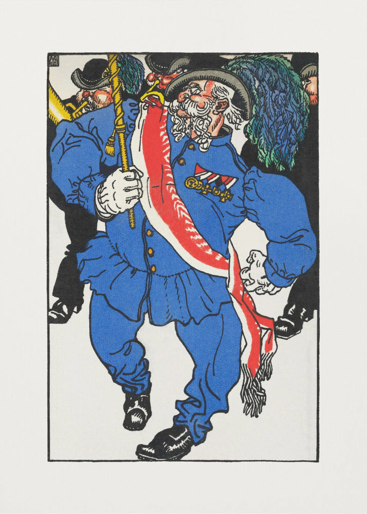 A colorful vintage illustration of an older man with a white beard and mustache marching in a parade. He wears a bright blue uniform, a plumed hat, medals, and a red and white sash, while carrying a staff. Other figures in black are in the background. Poster