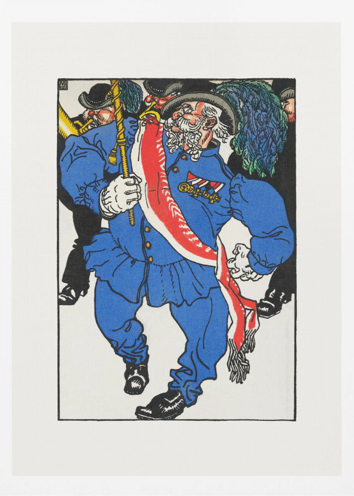 A colorful vintage illustration of an older man with a white beard and mustache marching in a parade. He wears a bright blue uniform, a plumed hat, medals, and a red and white sash, while carrying a staff. Other figures in black are in the background. Poster