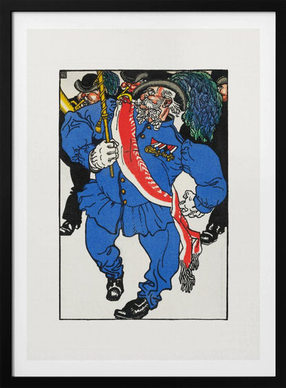 A colorful vintage illustration of an older man with a white beard and mustache marching in a parade. He wears a bright blue uniform, a plumed hat, medals, and a red and white sash, while carrying a staff. Other figures in black are in the background. Poster