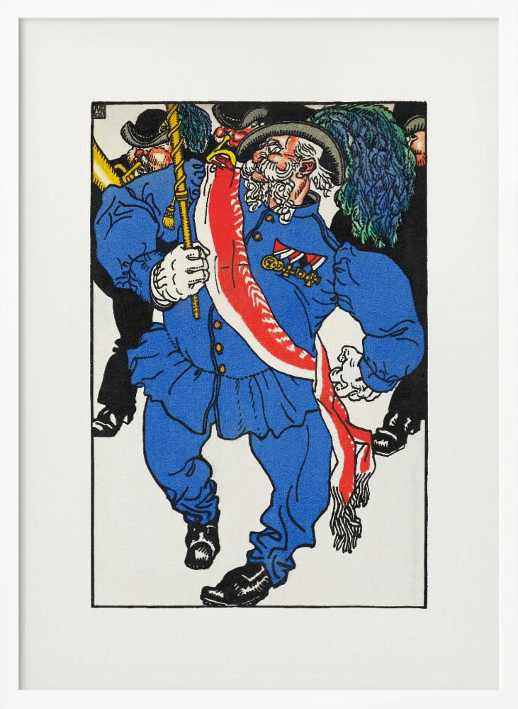 A colorful vintage illustration of an older man with a white beard and mustache marching in a parade. He wears a bright blue uniform, a plumed hat, medals, and a red and white sash, while carrying a staff. Other figures in black are in the background. Poster