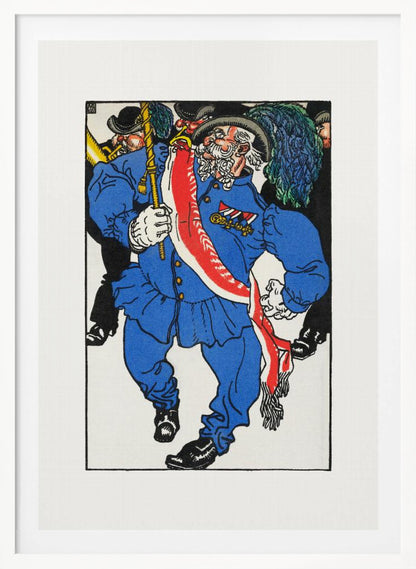 A colorful vintage illustration of an older man with a white beard and mustache marching in a parade. He wears a bright blue uniform, a plumed hat, medals, and a red and white sash, while carrying a staff. Other figures in black are in the background. Poster