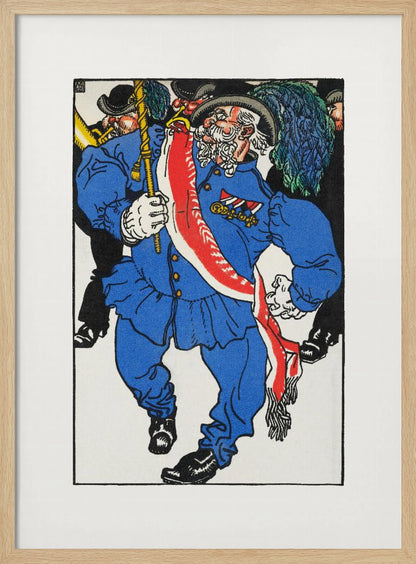 A colorful vintage illustration of an older man with a white beard and mustache marching in a parade. He wears a bright blue uniform, a plumed hat, medals, and a red and white sash, while carrying a staff. Other figures in black are in the background. Poster