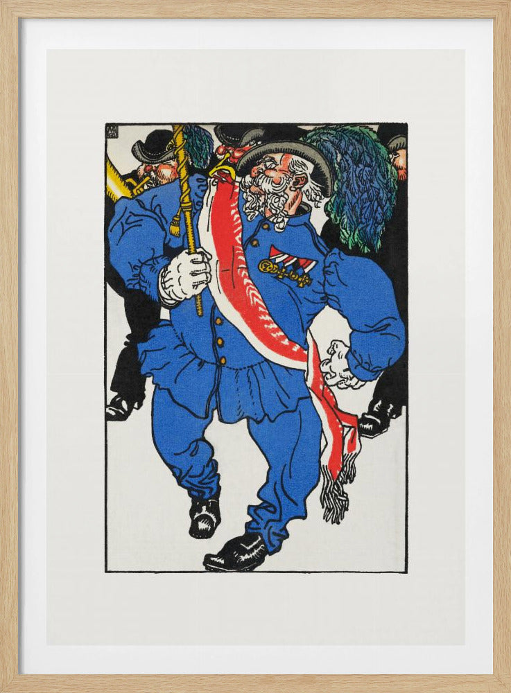 A colorful vintage illustration of an older man with a white beard and mustache marching in a parade. He wears a bright blue uniform, a plumed hat, medals, and a red and white sash, while carrying a staff. Other figures in black are in the background. Poster