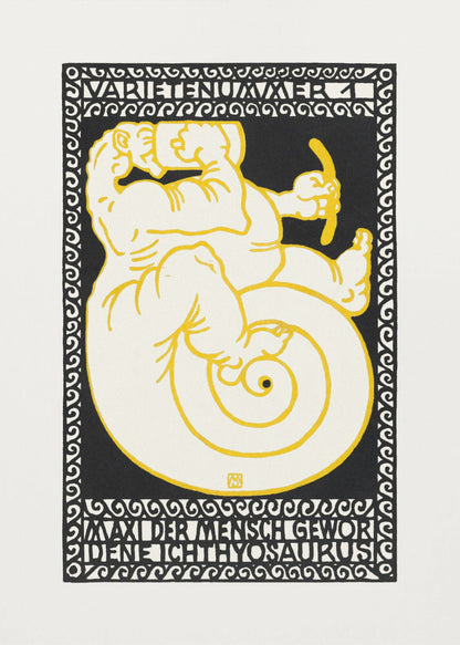 A vintage German poster in a graphic woodcut style, featuring a mythical creature that is half-man, half-ichthyosaurus with a coiled tail. The figure is rendered in cream with yellow outlines against a solid black background, enclosed by a decorative black and white border. Stylized German text appears at the top and bottom of the artwork. Print
